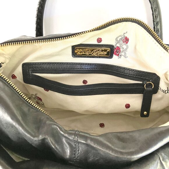 Rough Roses New Genuine Soft Black Leather Large Satchel Bag, Bright Gold Detail - Picture 4 of 11